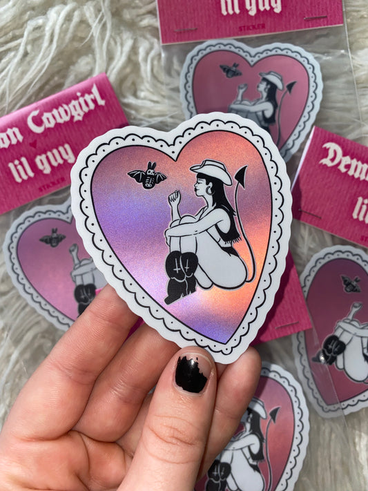 'Demon Cowgirl ♥ Lil Guy' Holographic Sticker